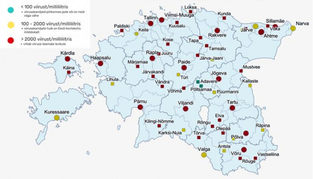 Koroonaviiruse reoveeseire kaart 9. aprilli seisuga.